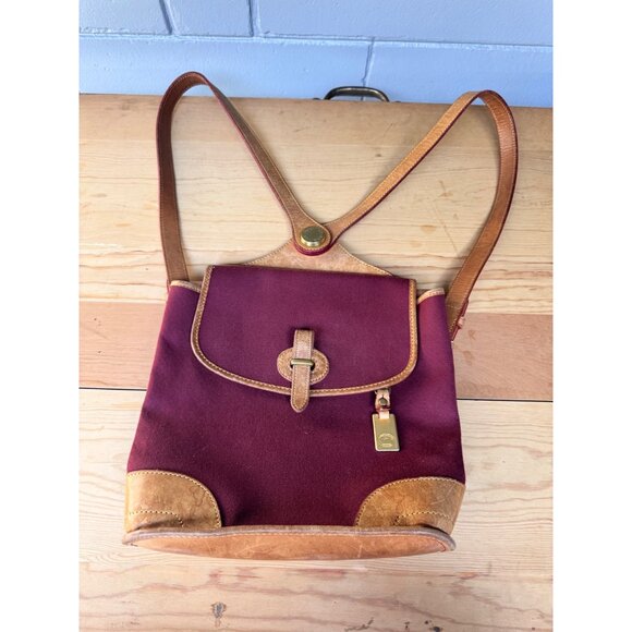 Dooney & Bourke USA Burgundy Canvas Tan Leather Backpack Purse AWL Duck Vintage - Picture 1 of 11